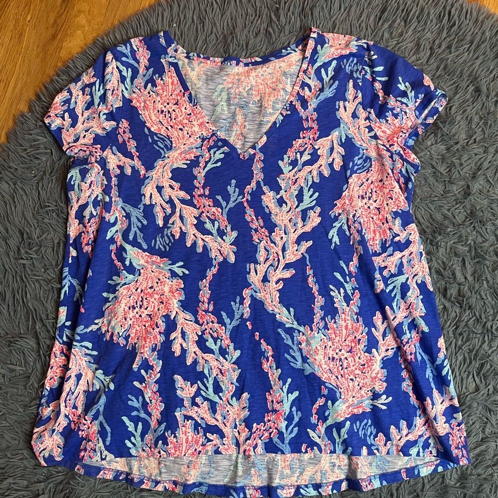 Lilly Pulitzer Etta V-neck Tee T-shirt Top Pink - Borealis Blue Size XXL - Picture 2 of 5